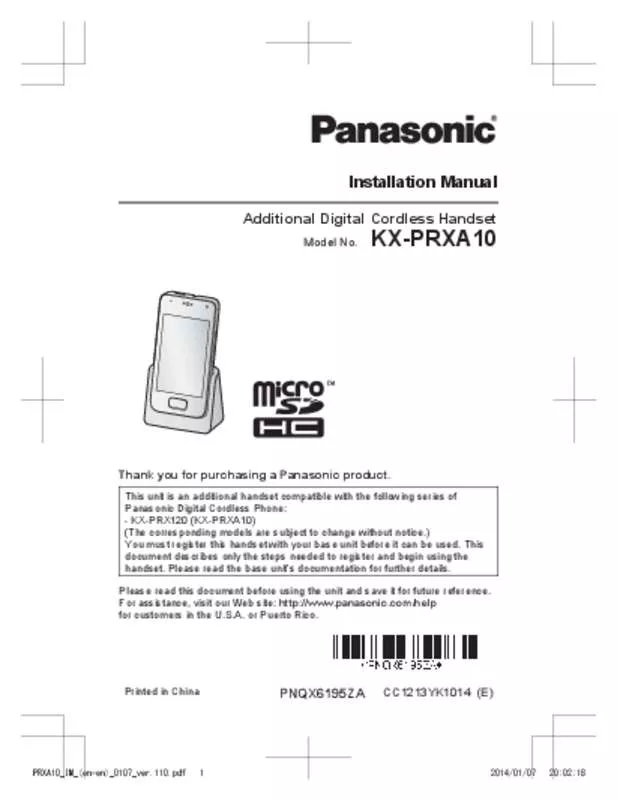 Mode d'emploi PANASONIC KX-PRXA10