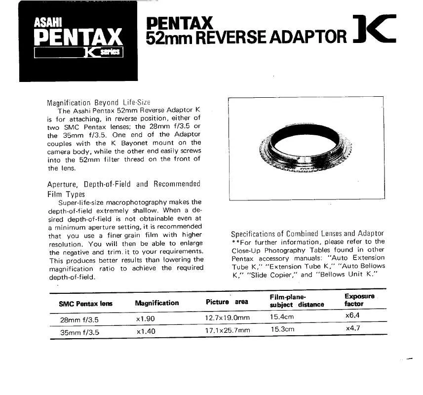 Mode d'emploi PENTAX 49MM AND 52MM REVERSE ADAPTER K