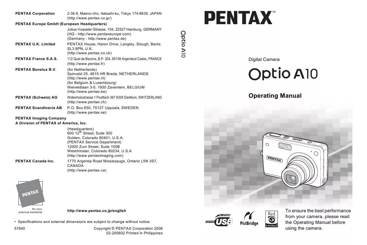 Mode d'emploi PENTAX OPTIO A10