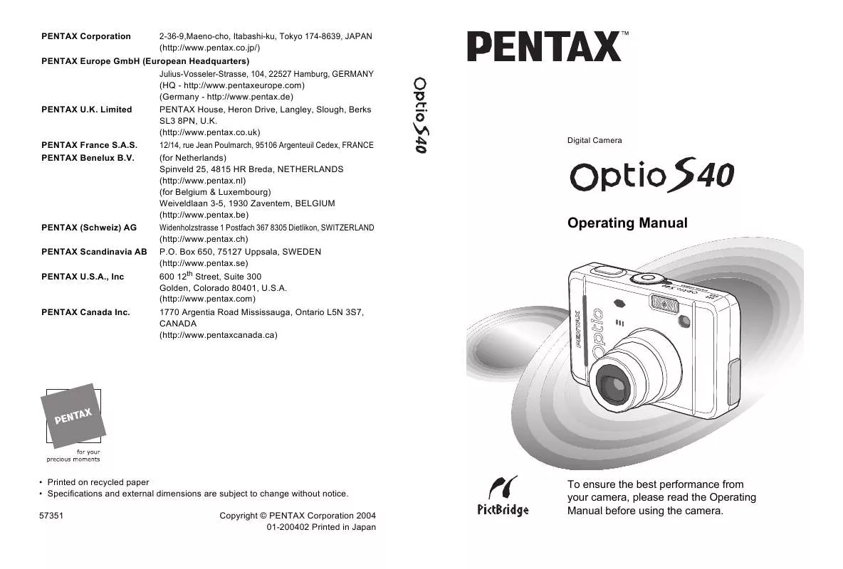Mode d'emploi PENTAX OPTIO S40