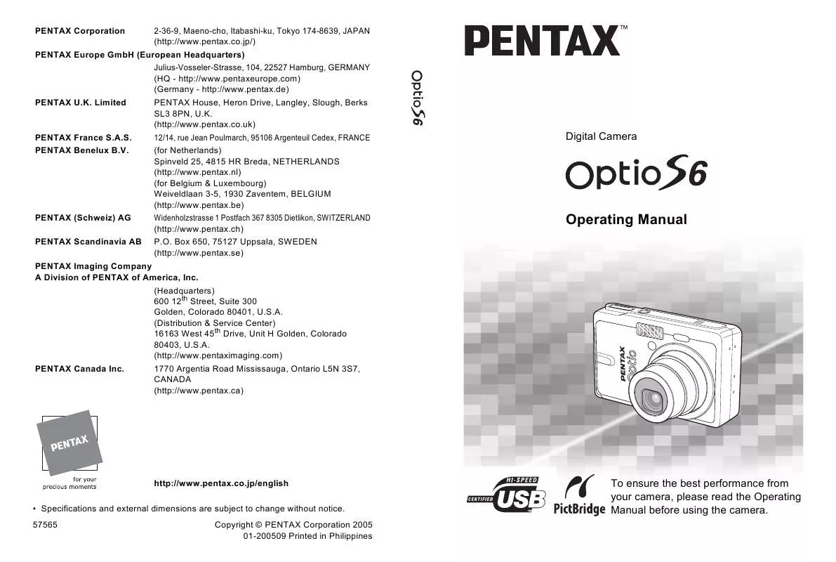Mode d'emploi PENTAX OPTIO S6