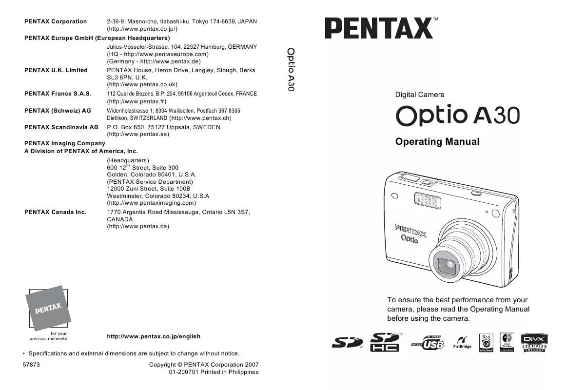 Mode d'emploi PENTAX OPTIO A30