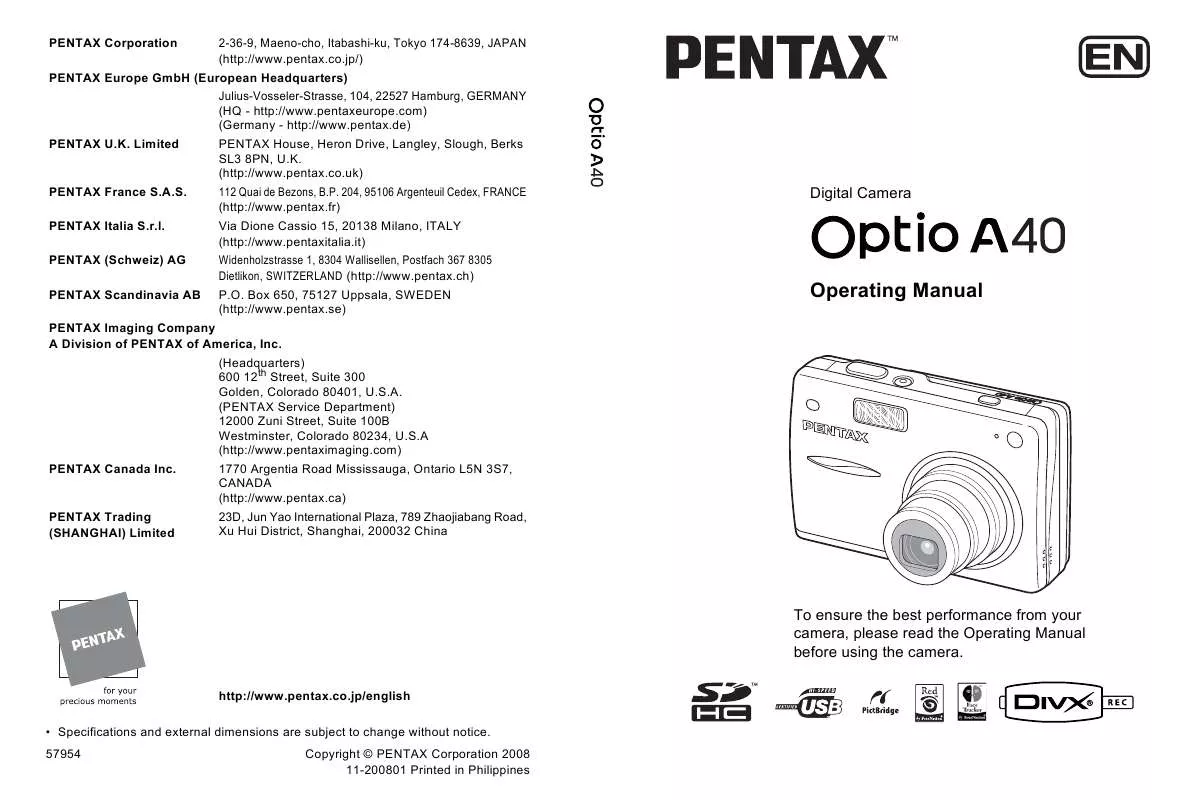 Mode d'emploi PENTAX OPTIO A40