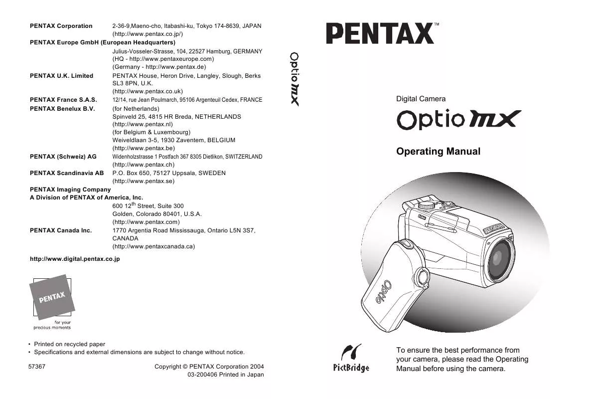 Mode d'emploi PENTAX OPTIO OPTIO MX