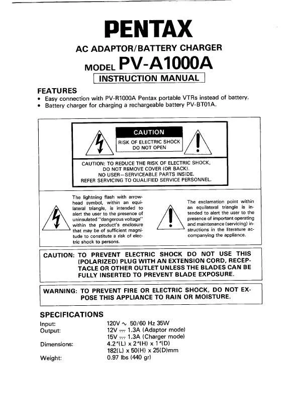 Mode d'emploi PENTAX PV-A1000A-AC ADAPTER-BATTERY CHARGER
