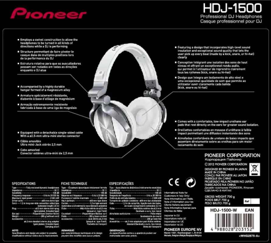 Mode d'emploi PIONEER HDJ-1500-K