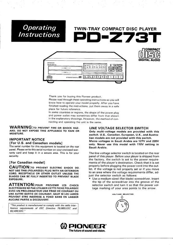 Mode d'emploi PIONEER PD-Z73T