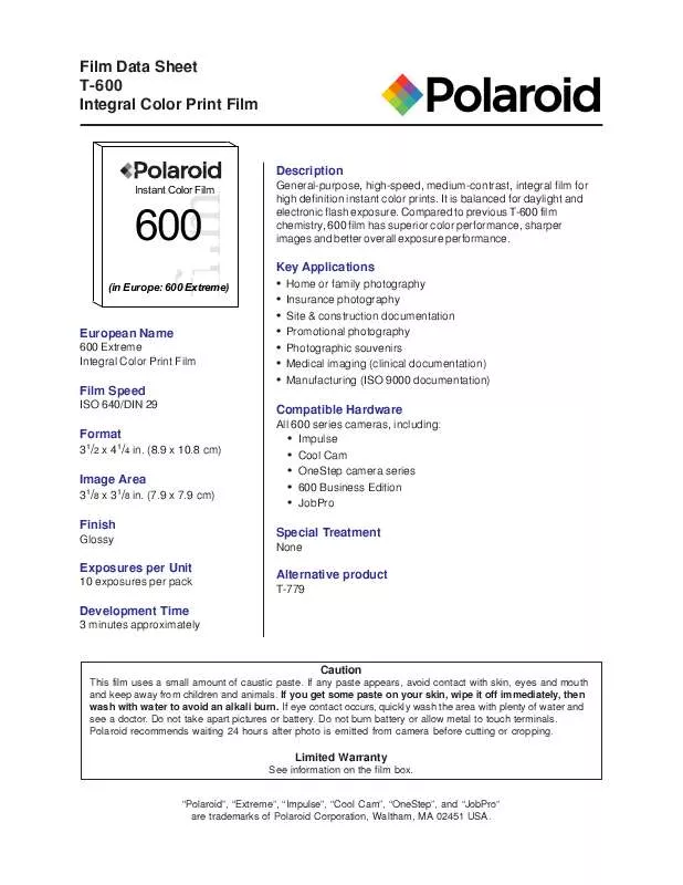Mode d'emploi POLAROID T-600 FILM DATA SHEET