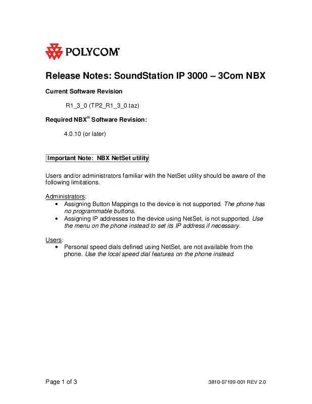 Mode d'emploi POLYCOM SOUNDSTATION IP 3000 - 3COM NBX