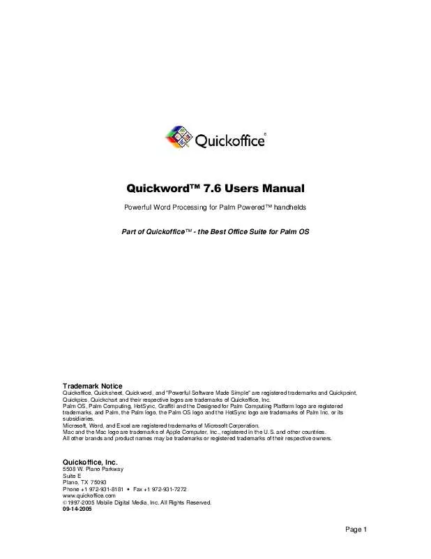 Mode d'emploi QUICKOFFICE QUICKWORD 7.6