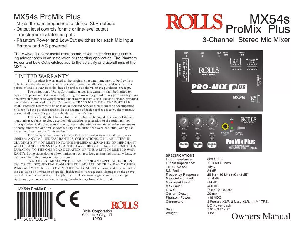 Mode d'emploi ROLLS MX54S PROMIX PLUS