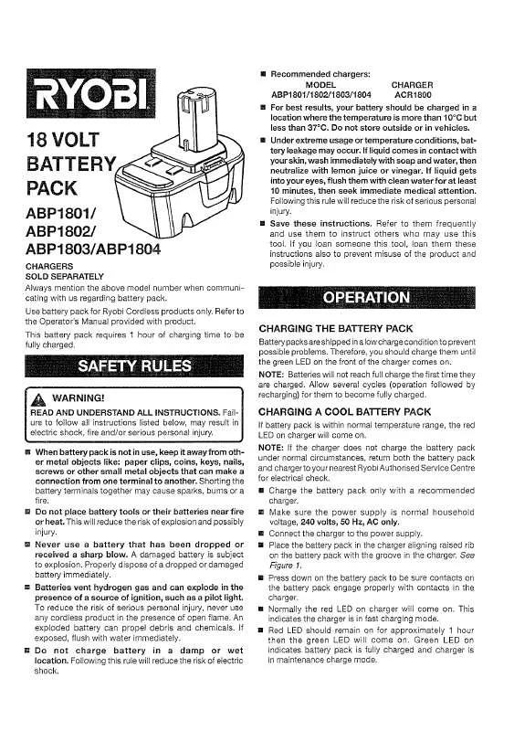 Mode d'emploi RYOBI 18V SINGLE BATTERY PACK NICAD ABP1801