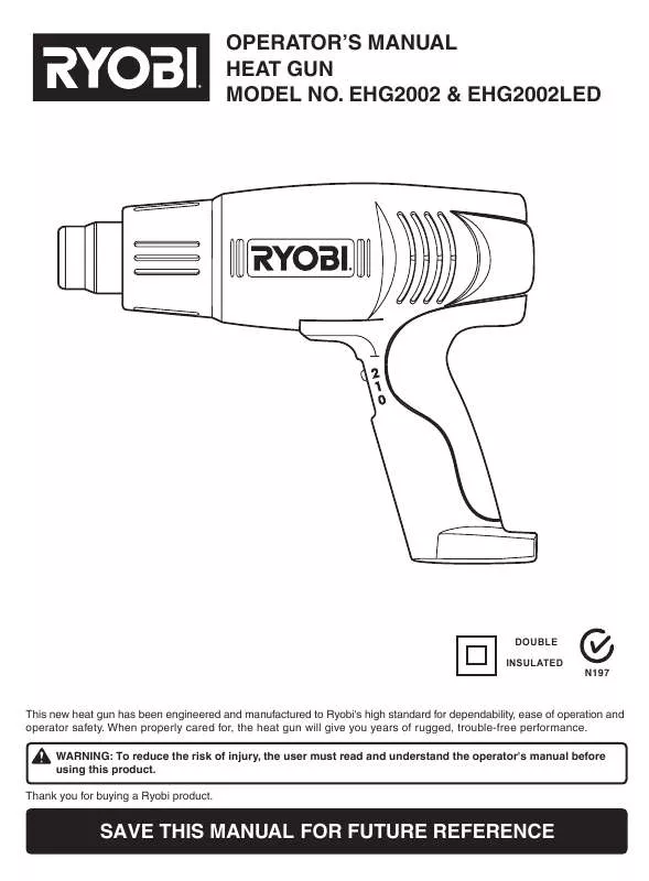 Mode d'emploi RYOBI 2000W HEAT GUN DUAL TEMP / VARIABLE HEAT EHG2002LED