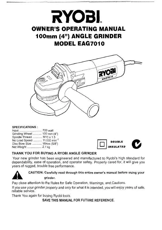 Mode d'emploi RYOBI 700W ANGLE GRINDER 100MM EAG7010