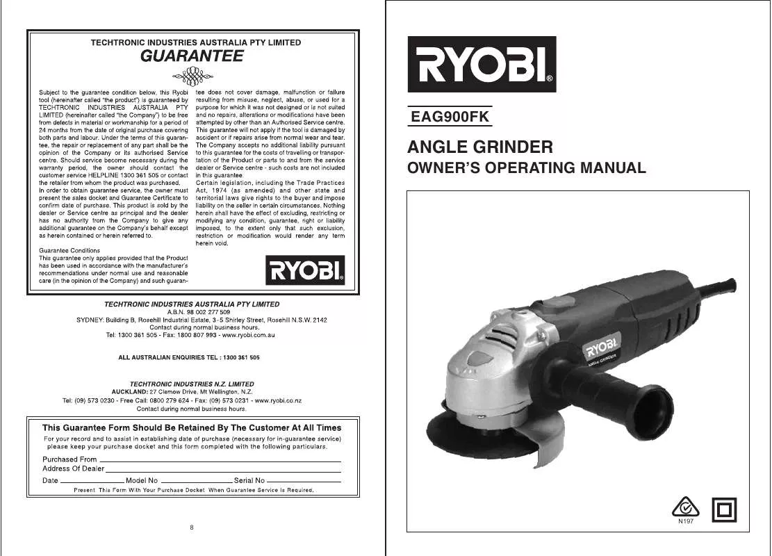 Mode d'emploi RYOBI POWER KIT: 900W ANGLE GRINDER EAG900FK