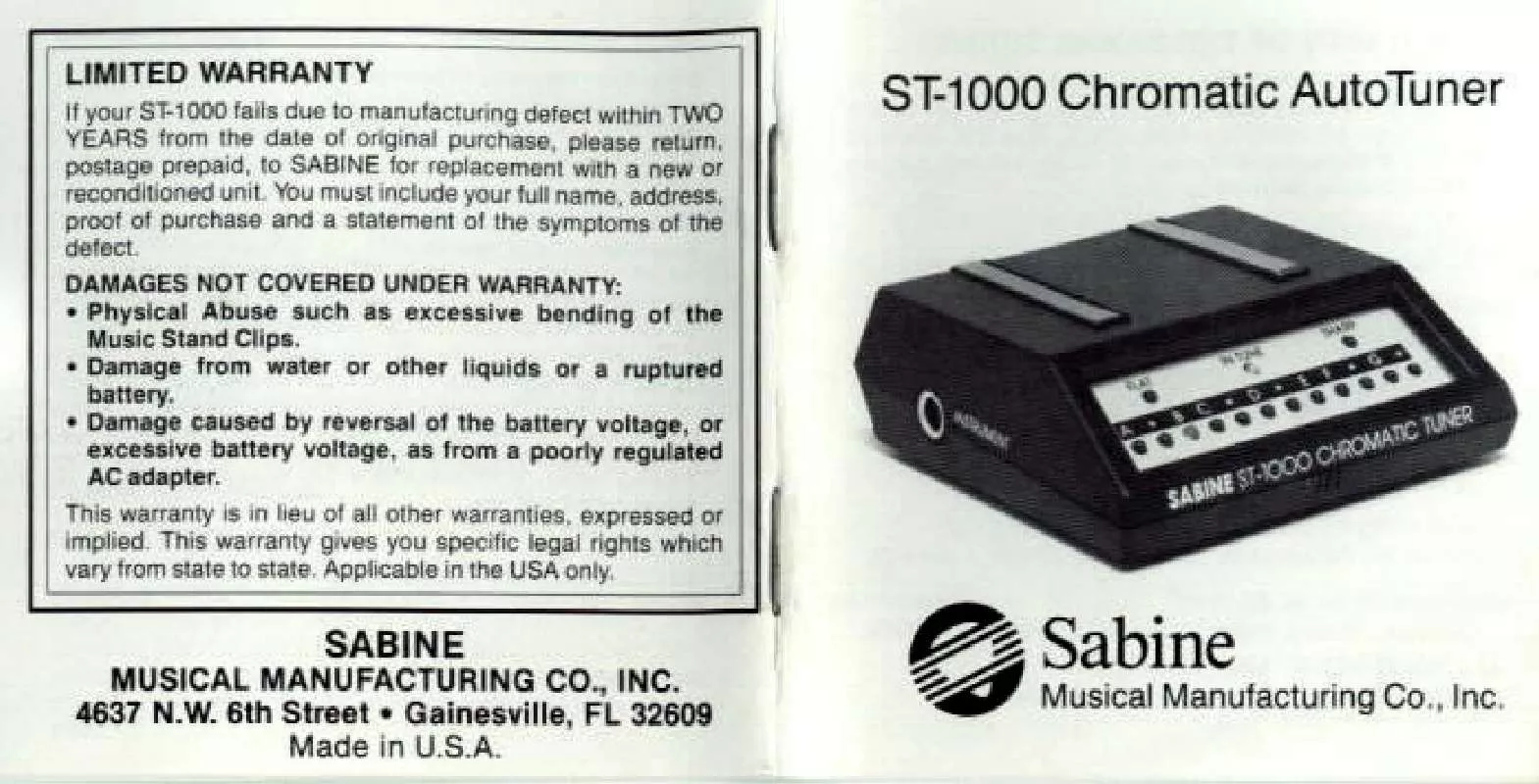 Mode d'emploi SABINE ST-1000