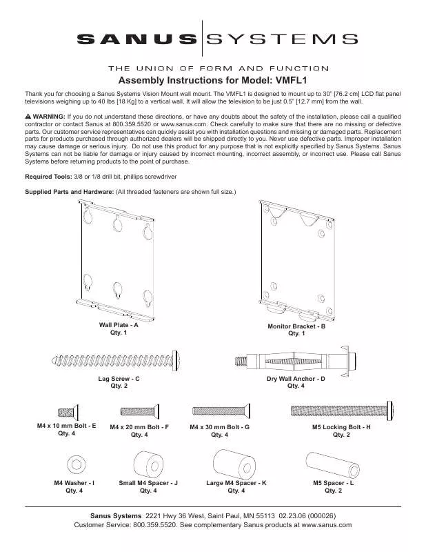 Mode d'emploi SANUS VISIONMOUNT LCD WALL MOUNT-VMFL1