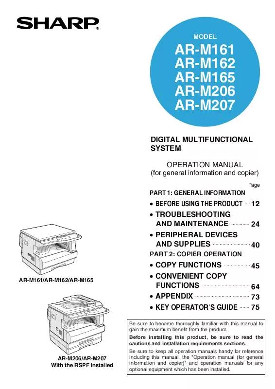 Mode d'emploi SHARP AR-M161/162/165/206/207