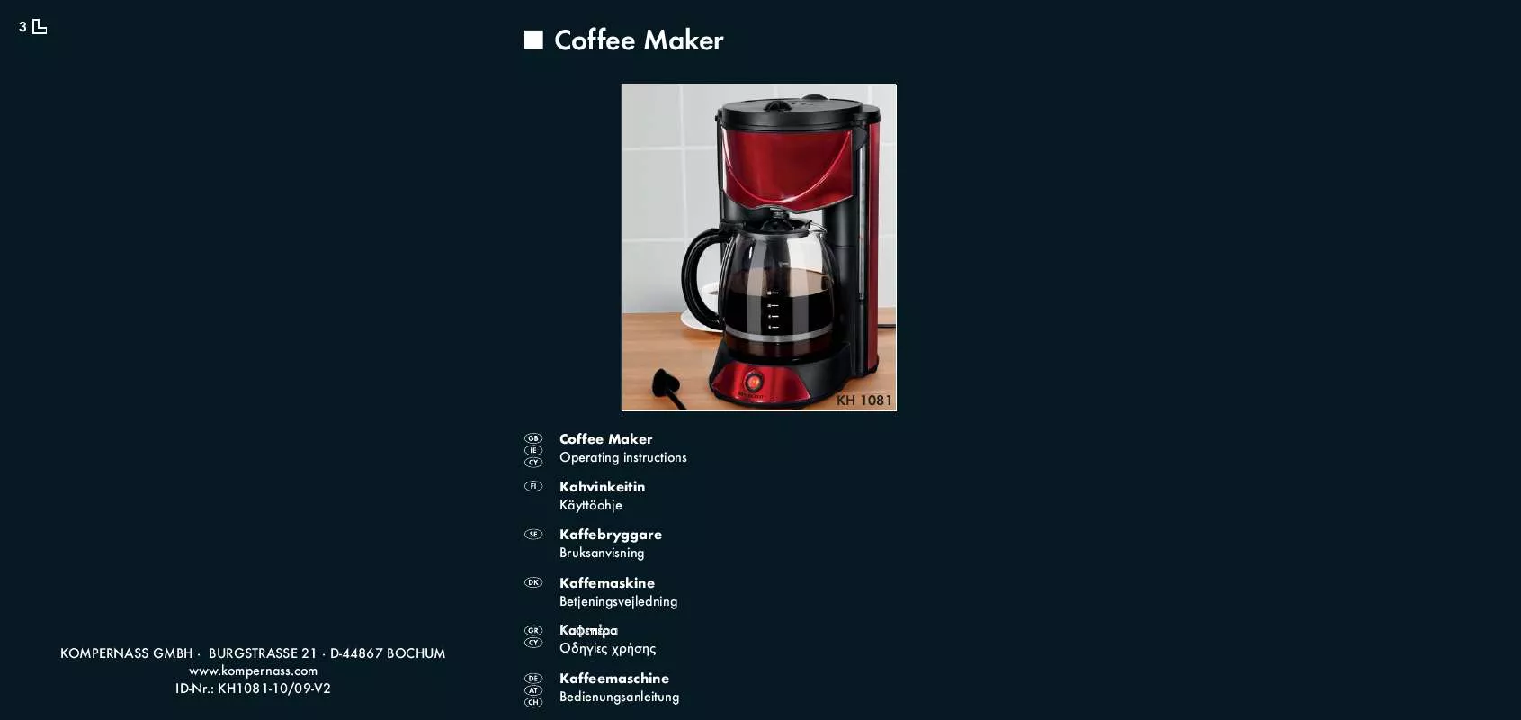 Mode d'emploi SILVERCREST KH 1081 COFFEE MAKER