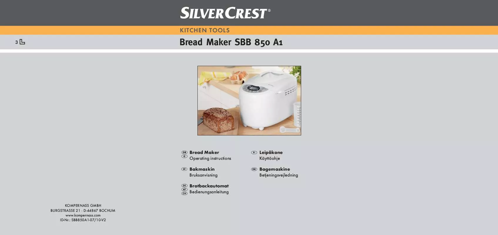 Mode d'emploi SILVERCREST SBB 850 A1 BREAD MAKER