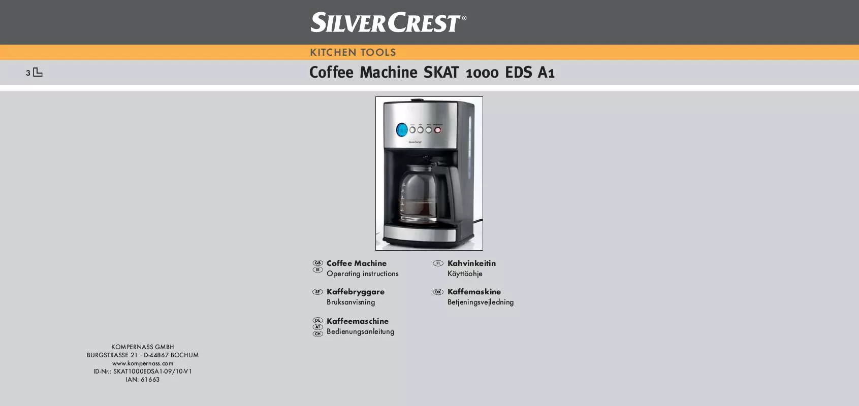 Mode d'emploi SILVERCREST SKAT 1000 EDS A1 COFFEE MACHINE