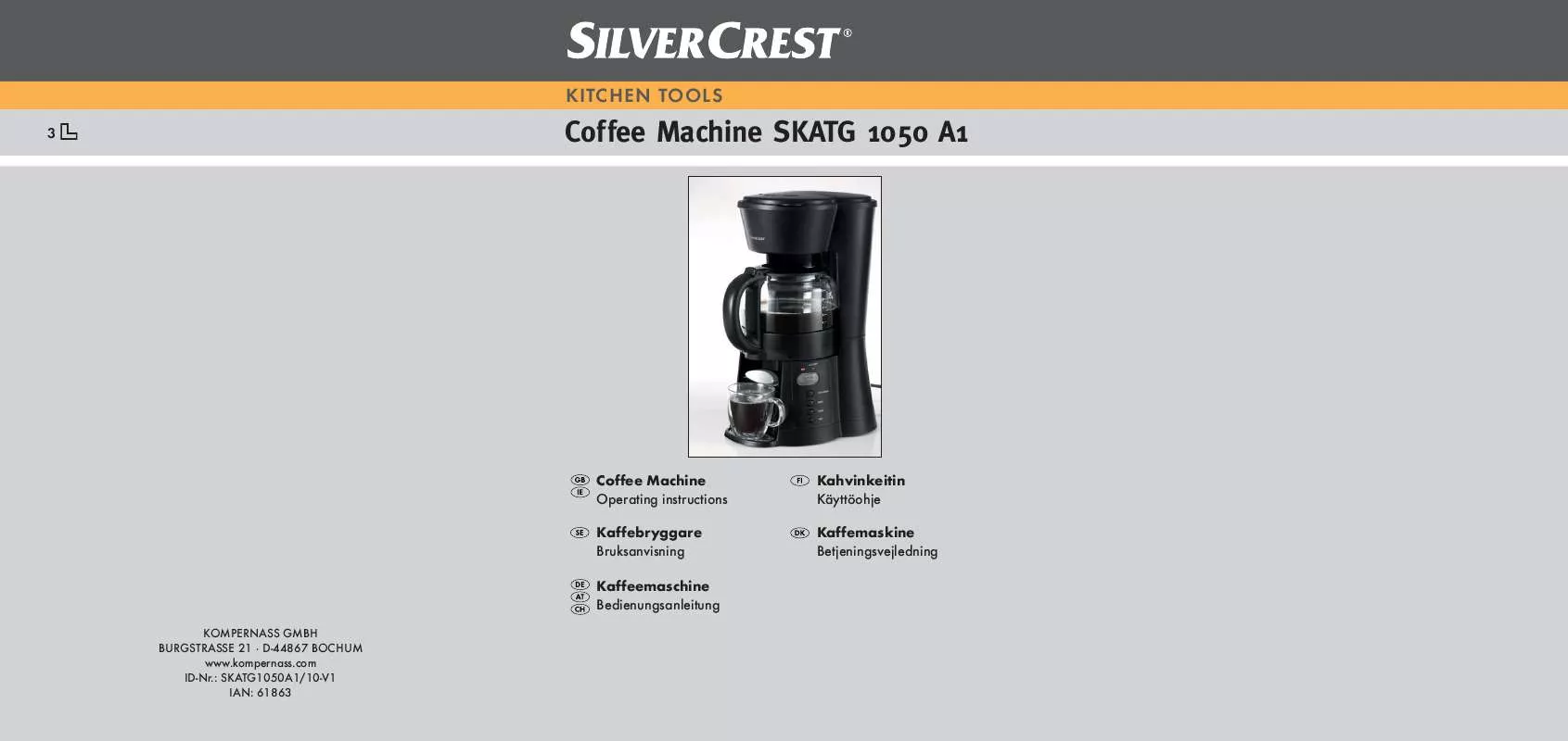 Mode d'emploi SILVERCREST SKATG 1050 A1 COFFEE MACHINE