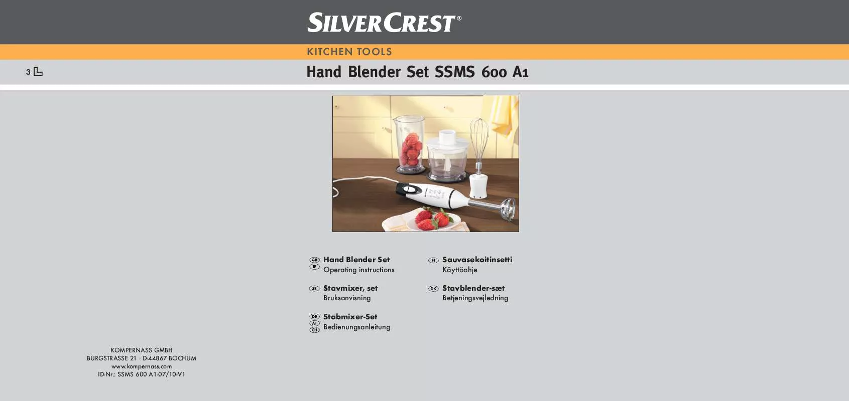 Mode d'emploi SILVERCREST SSMS 600 A1 HAND BLENDER SET