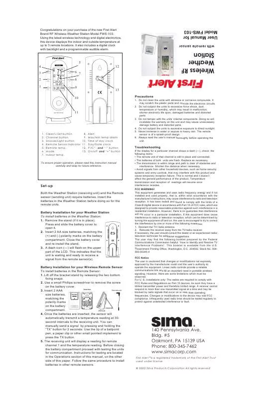 Mode d'emploi SIMA FWS-103