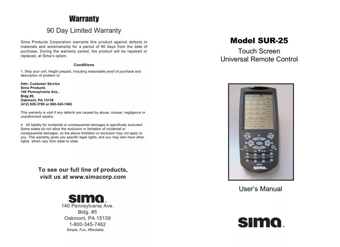 Mode d'emploi SIMA SUR-25
