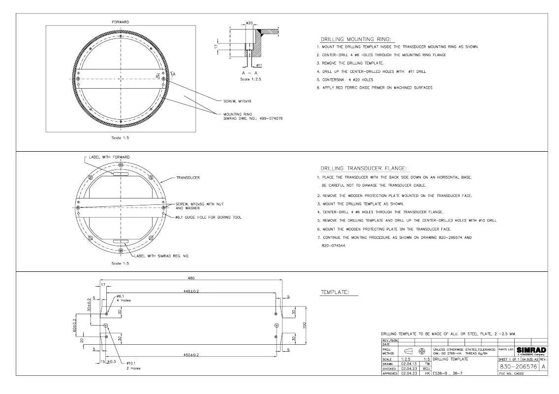 Mode d'emploi SIMRAD SUPPORT BEAM DRILLING TEMPLATE