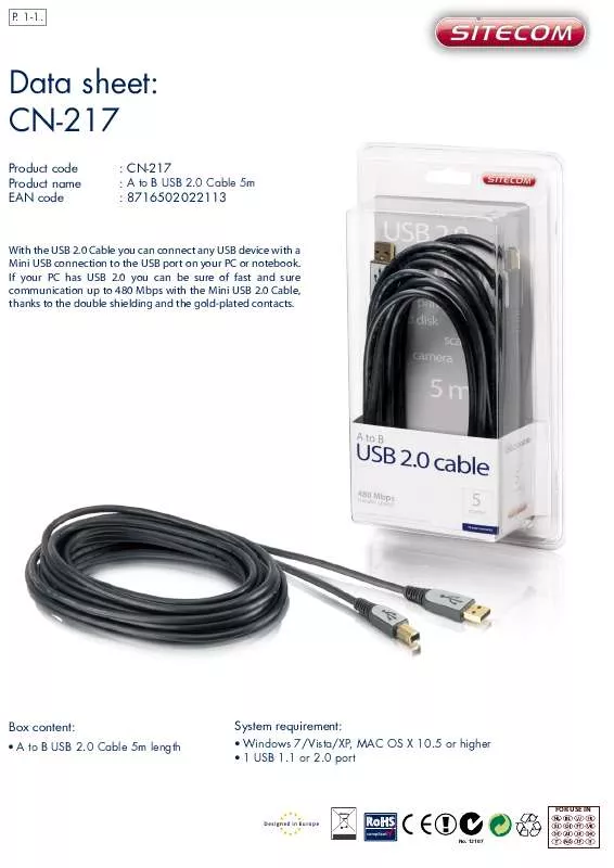 Mode d'emploi SITECOM A TO B USB 2.0 CABLE CN-217