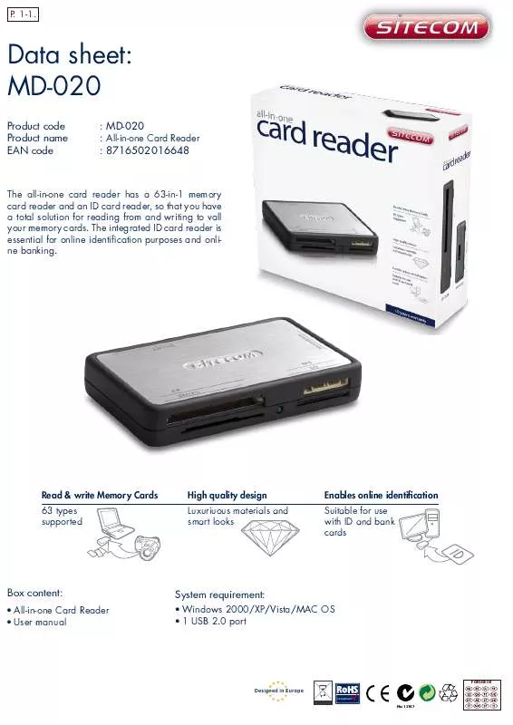 Mode d'emploi SITECOM ALL-IN-ONE CARD READER MD-020