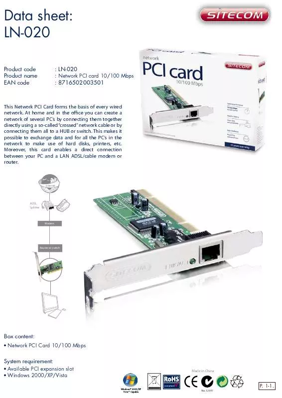 Mode d'emploi SITECOM NETWORK PCI CARD 10/100 MBPS LN-020