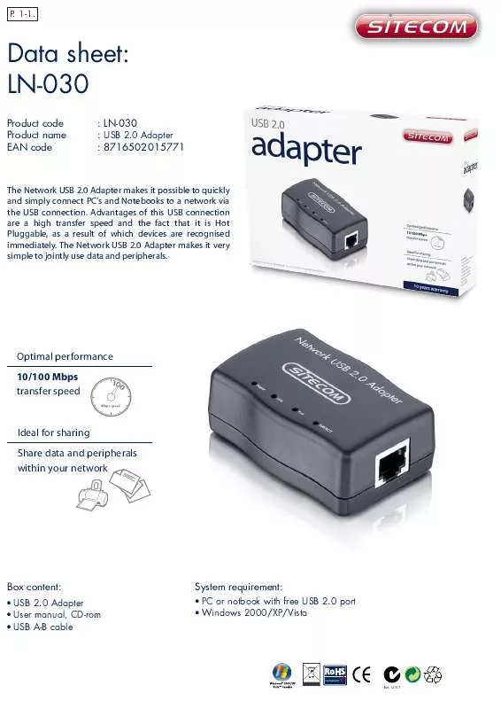 Mode d'emploi SITECOM NETWORK USB 2.0 ADAPTER LN-030