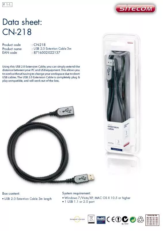 Mode d'emploi SITECOM USB 2.0 EXTENTION CABLE CN-218