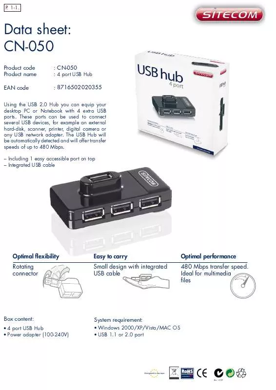 Mode d'emploi SITECOM USB HUB CN-050