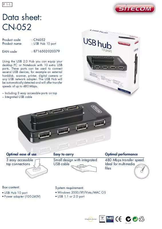 Mode d'emploi SITECOM USB HUB CN-052
