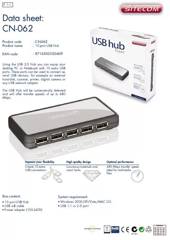 Mode d'emploi SITECOM USB HUB CN-062