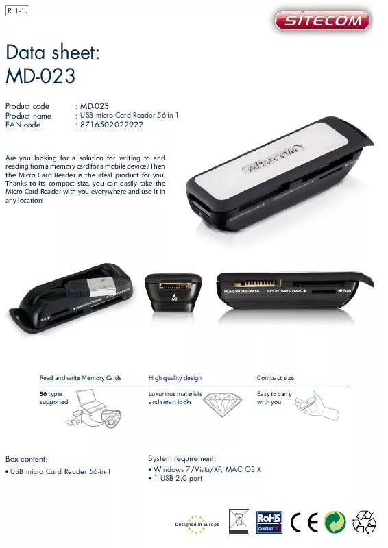 Mode d'emploi SITECOM USB MICRO CARD READER 56-IN-1 MD-023