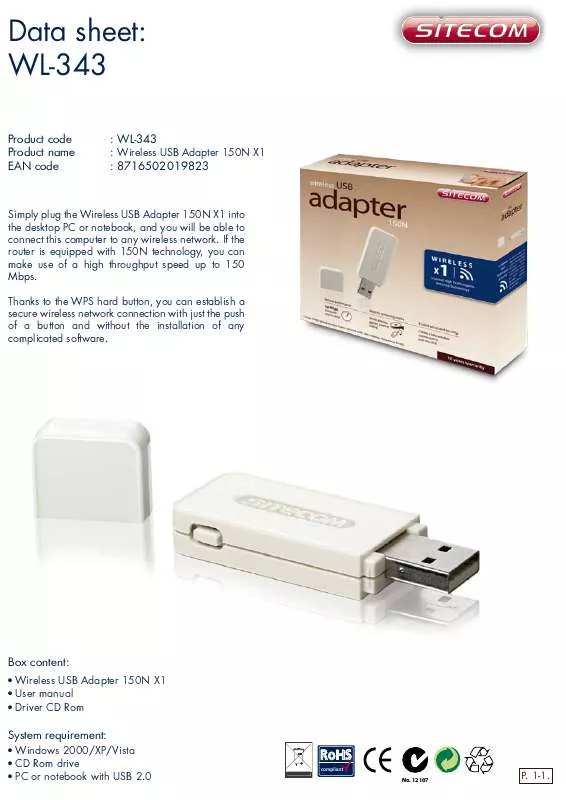 Mode d'emploi SITECOM WIRELESS USB ADAPTER 150N X1 WL-343