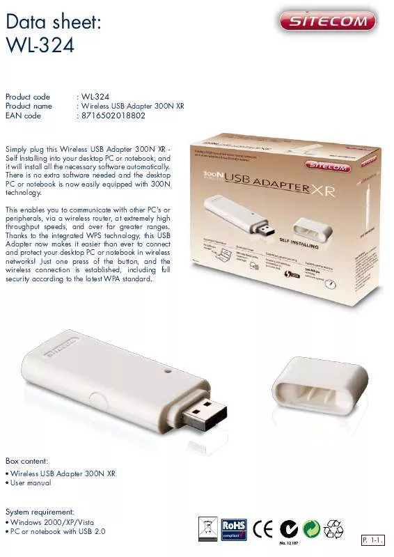 Mode d'emploi SITECOM WIRELESS USB ADAPTER 300N XR - SELF INSTALLING WL-324