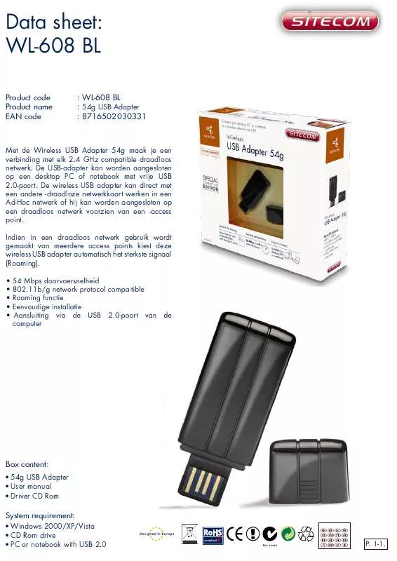 Mode d'emploi SITECOM WIRELESS USB ADAPTER 54G WL-608 BL