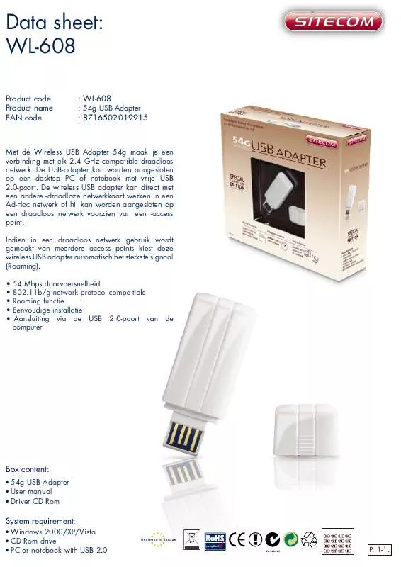 Mode d'emploi SITECOM WIRELESS USB ADAPTER 54G WL-608