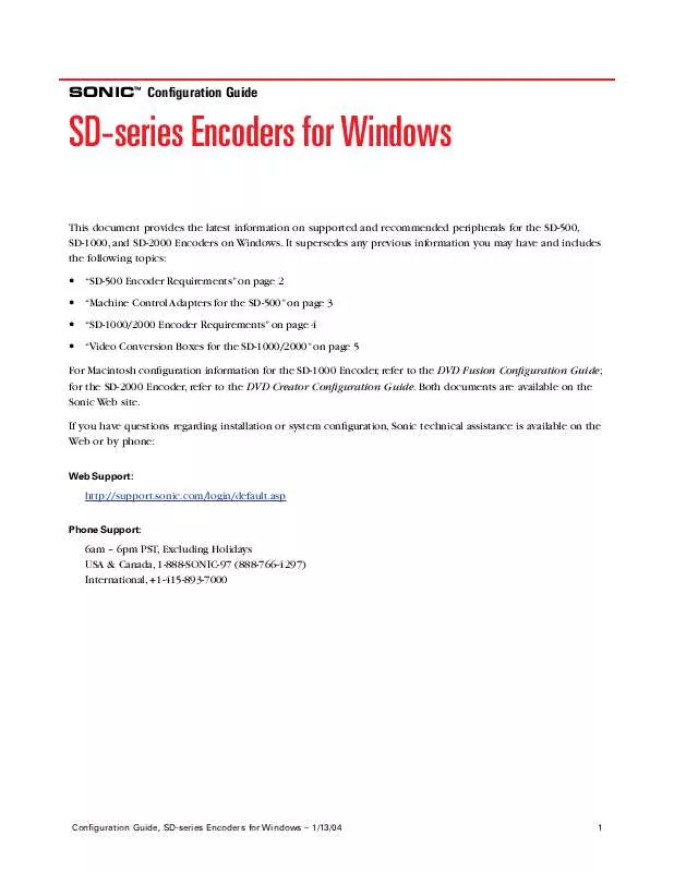 Mode d'emploi SONIC SD-SERIES ENCODERS FOR WINDOWS