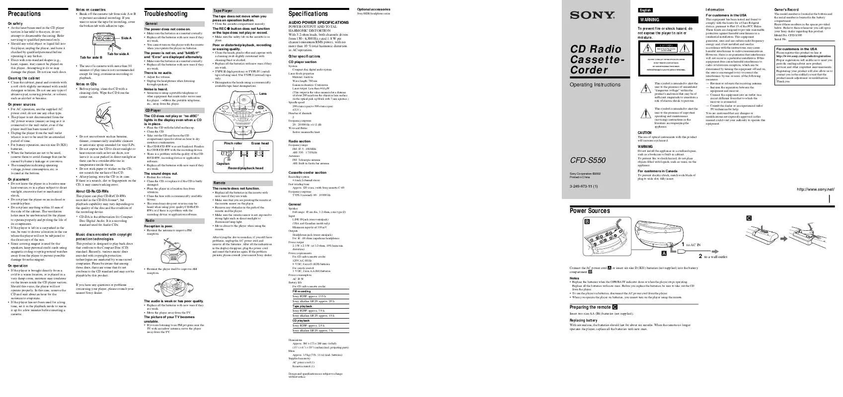 Mode d'emploi SONY CFD-S550