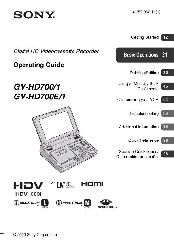 Mode d'emploi SONY GV-HD700/1