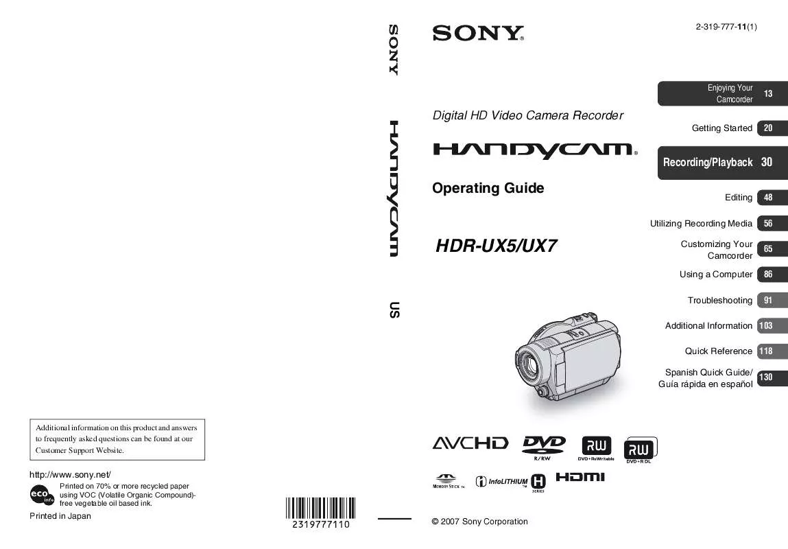 Mode d'emploi SONY HDR-UX5