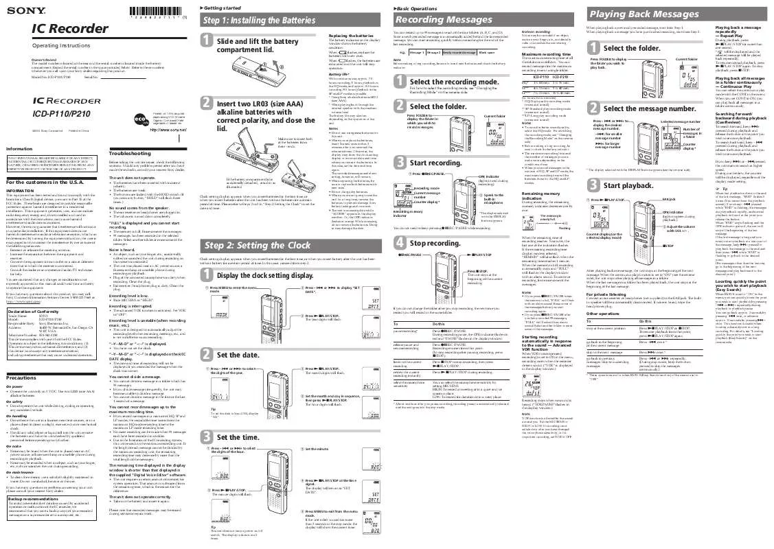 Mode d'emploi SONY ICD-P210RS