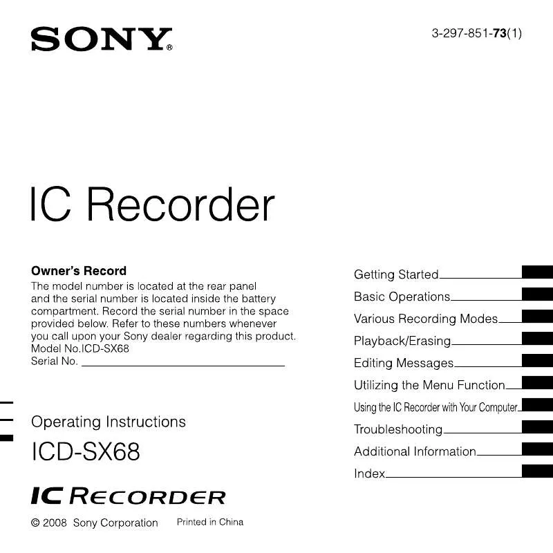 Mode d'emploi SONY ICD-SX68DR9