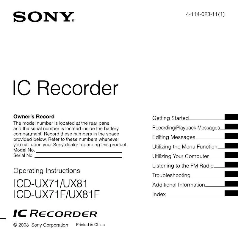 Mode d'emploi SONY ICD-UX81SIL
